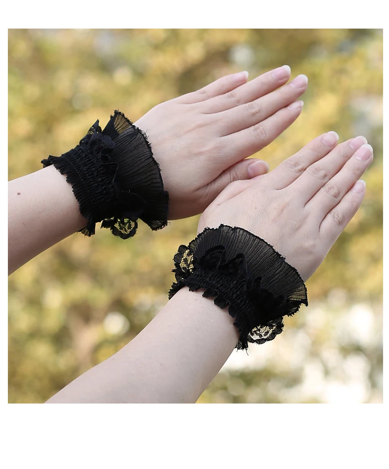 Lolita Hand Sleeve Wrist Ornament Cuffs Ruffled Floral Black Lace Elastic Elegant Women Girls Wrist Short White Faerie Gloves