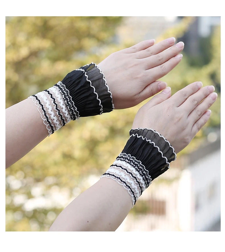 Lolita Hand Sleeve Wrist Ornament Cuffs Ruffled Floral Black Lace Elastic Elegant Women Girls Wrist Short White Faerie Gloves