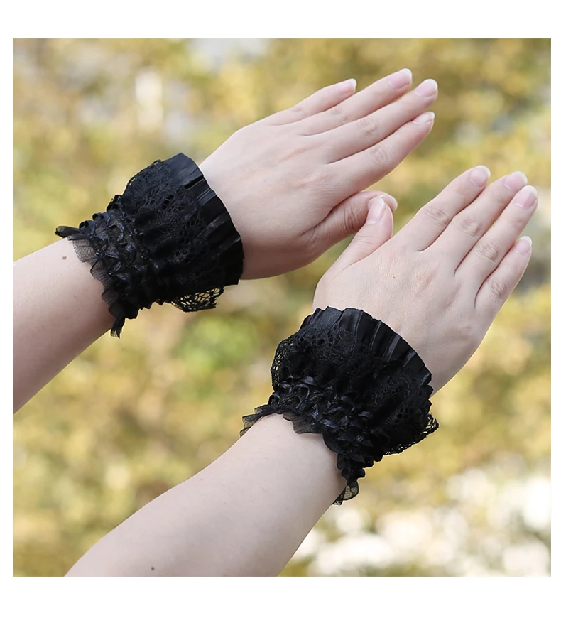 Lolita Hand Sleeve Wrist Ornament Cuffs Ruffled Floral Black Lace Elastic Elegant Women Girls Wrist Short White Faerie Gloves