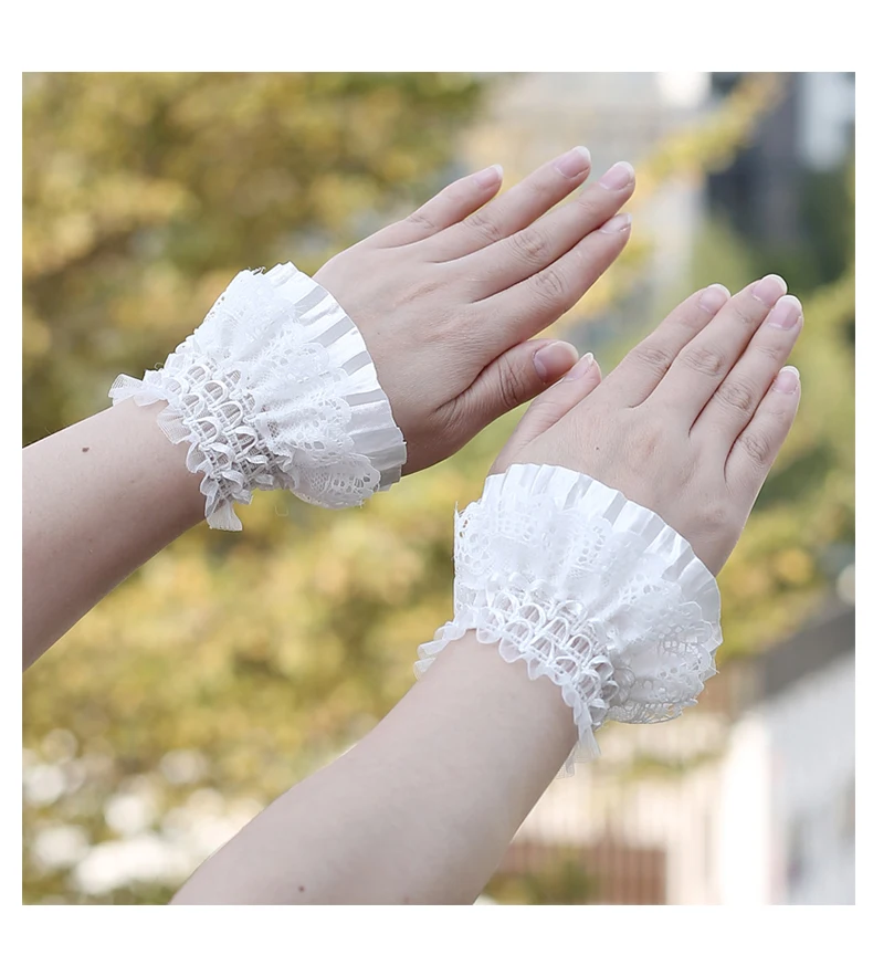 Lolita Hand Sleeve Wrist Ornament Cuffs Ruffled Floral Black Lace Elastic Elegant Women Girls Wrist Short White Faerie Gloves
