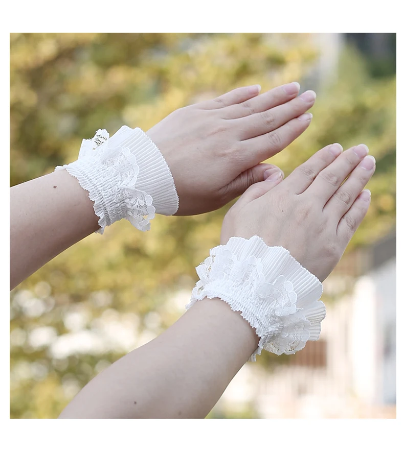 Lolita Hand Sleeve Wrist Ornament Cuffs Ruffled Floral Black Lace Elastic Elegant Women Girls Wrist Short White Faerie Gloves