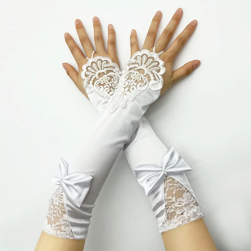 Women Satin Bow Sexy Lace Soft Embroidery Etiquette Fingerless Gloves Hook Finger Retro Style Evening Dress Accessories