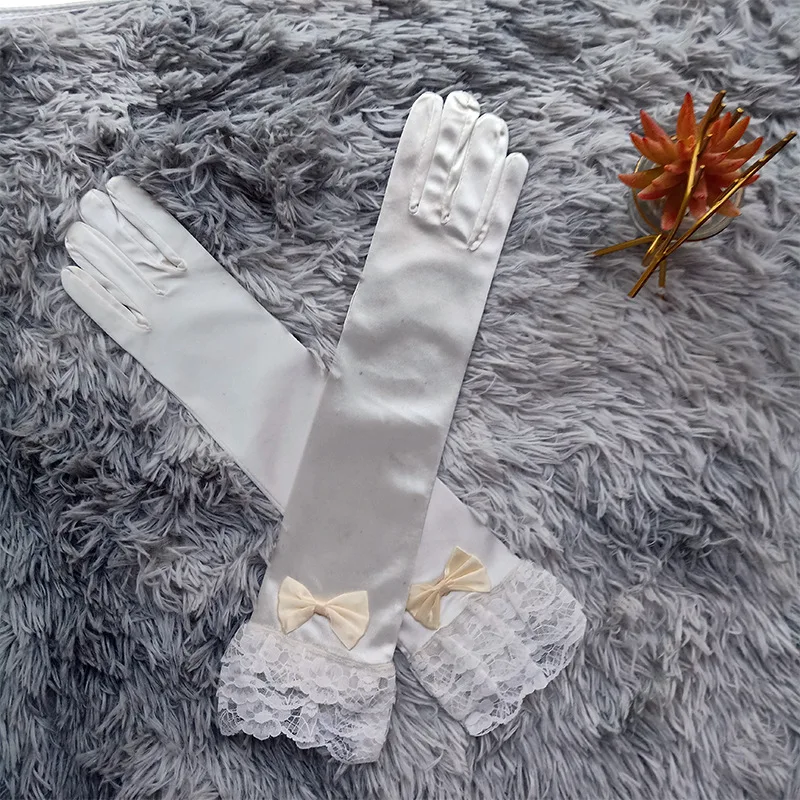 Women Satin Bow Sexy Lace Soft Embroidery Etiquette Fingerless Gloves Hook Finger Retro Style Evening Dress Accessories