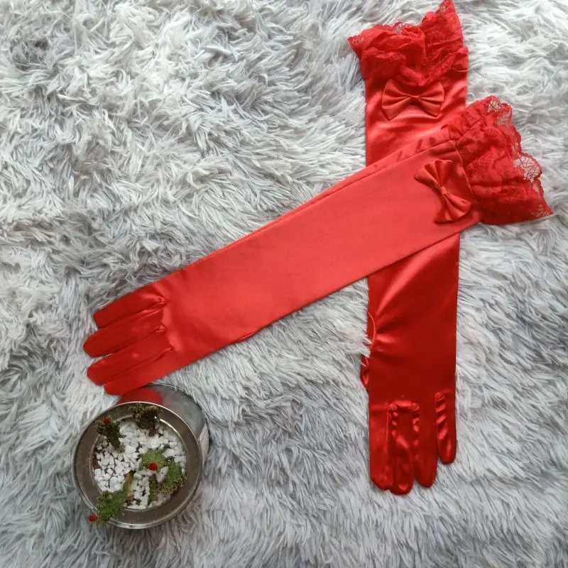 Women Satin Bow Sexy Lace Soft Embroidery Etiquette Fingerless Gloves Hook Finger Retro Style Evening Dress Accessories