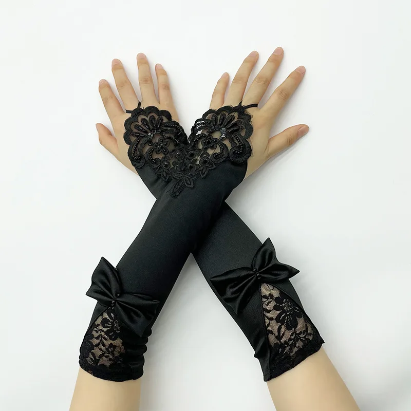 Women Satin Bow Sexy Lace Soft Embroidery Etiquette Fingerless Gloves Hook Finger Retro Style Evening Dress Accessories