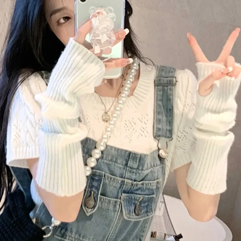Y2K Fingerless Mittens Women Knitted Gloves Cosplay Anime Gloves Winter Arm Warmers Punk Gothic Harajuku Knit Mitten Arm Sleeves