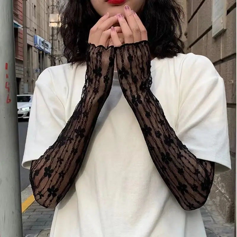 Women Sun Protection Sleeves Fashion Driving Summer Thin Lace Mesh Breathable Arm Sleeve Long Fingerless Half finger Gloves