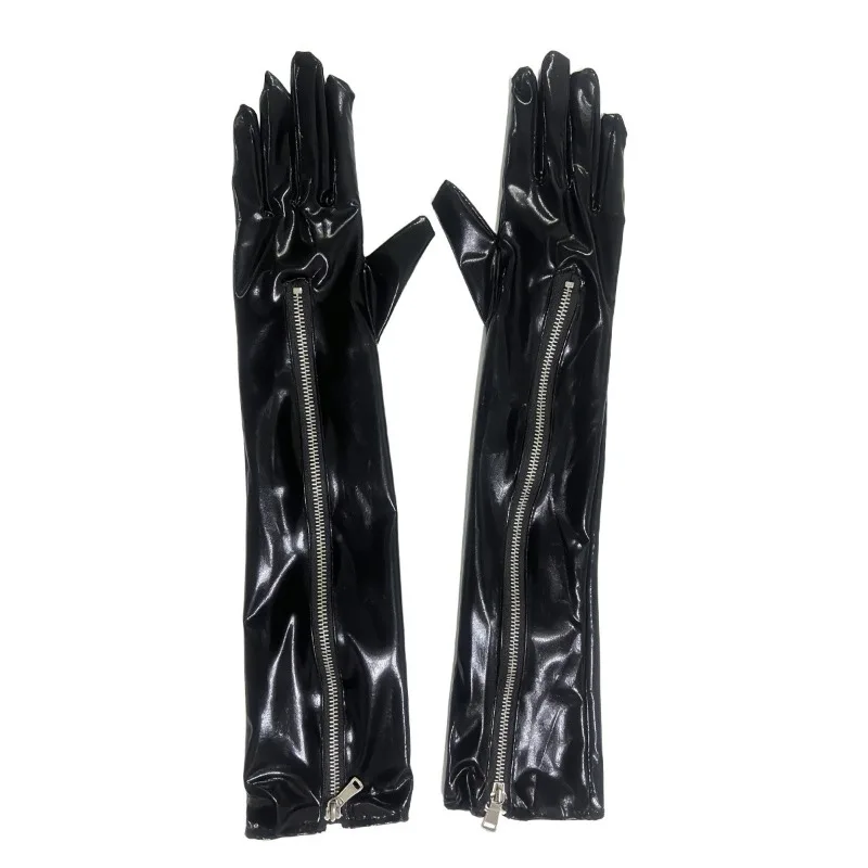 50cm Women Black Patent Leather Long Zipper Gloves Fashion Shiny Stage Performance Opera Sexy Party Cosplay Clubwear
