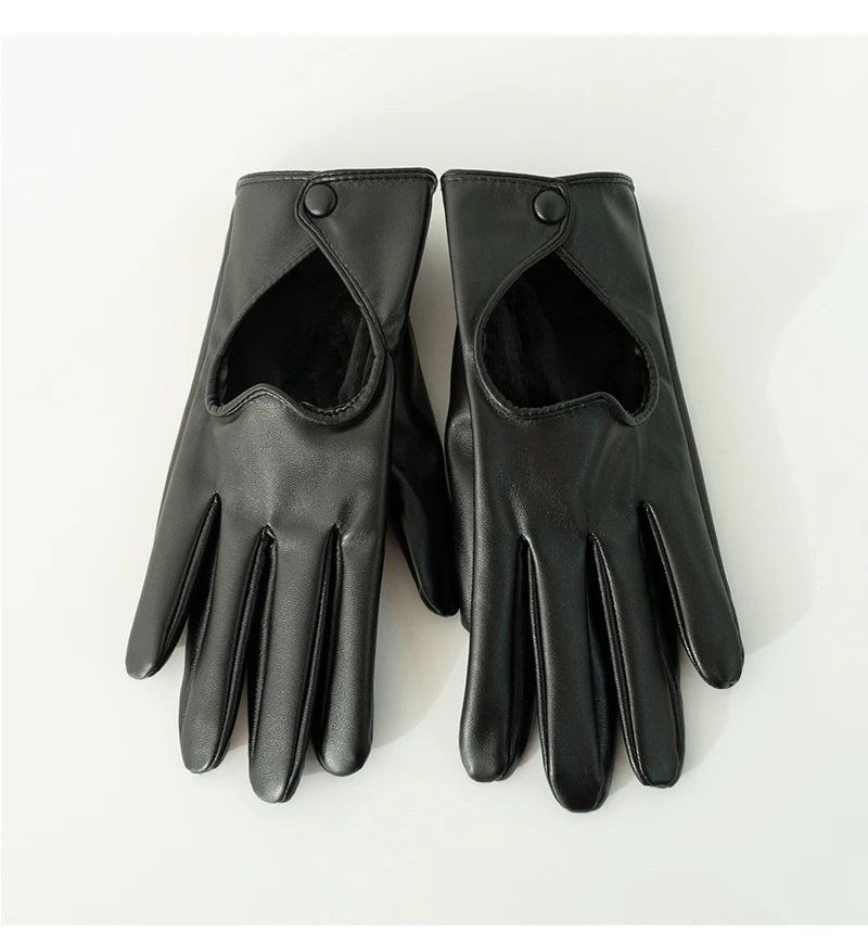 Women's Hollow Peach Heart PU Leather Gloves Winter Plus Velvet Thicken Riding Warm Full Finger Touch Screen Driving Mittens S27