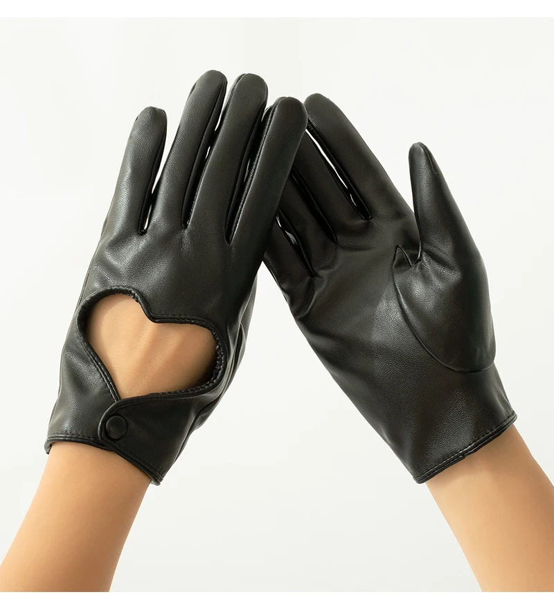 Women's Hollow Peach Heart PU Leather Gloves Winter Plus Velvet Thicken Riding Warm Full Finger Touch Screen Driving Mittens S27