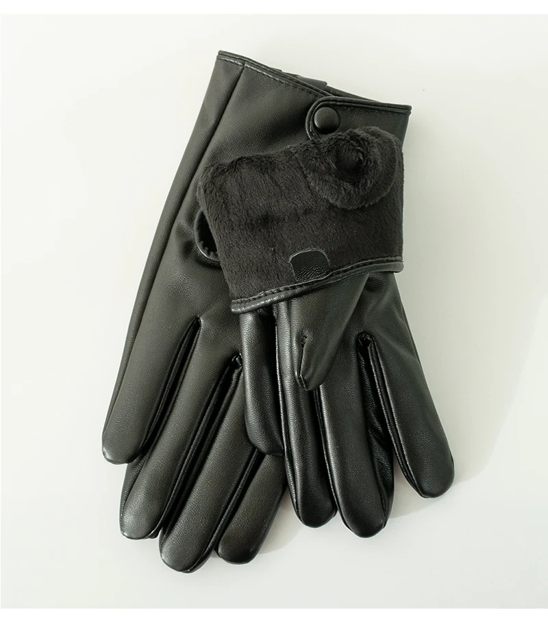 Women's Hollow Peach Heart PU Leather Gloves Winter Plus Velvet Thicken Riding Warm Full Finger Touch Screen Driving Mittens S27