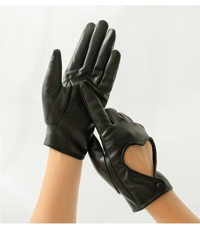 Women's Hollow Peach Heart PU Leather Gloves Winter Plus Velvet Thicken Riding Warm Full Finger Touch Screen Driving Mittens S27