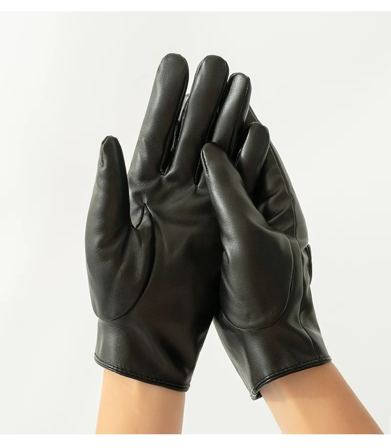 Women's Hollow Peach Heart PU Leather Gloves Winter Plus Velvet Thicken Riding Warm Full Finger Touch Screen Driving Mittens S27