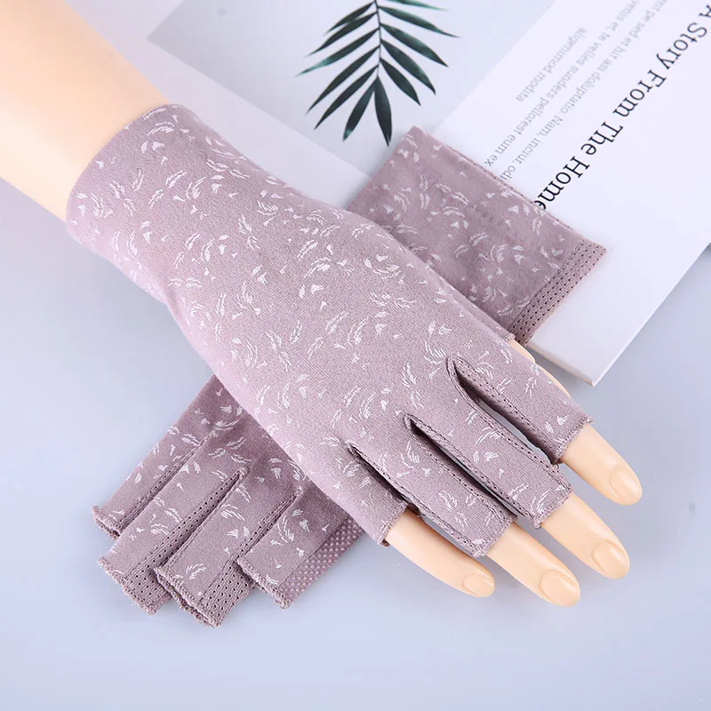 New Fashion Women's Cotton Dot Summer Fingerless Half Finger Anti-Skid Sun Protection Printing anti-UV Thin Short Driving Gloves