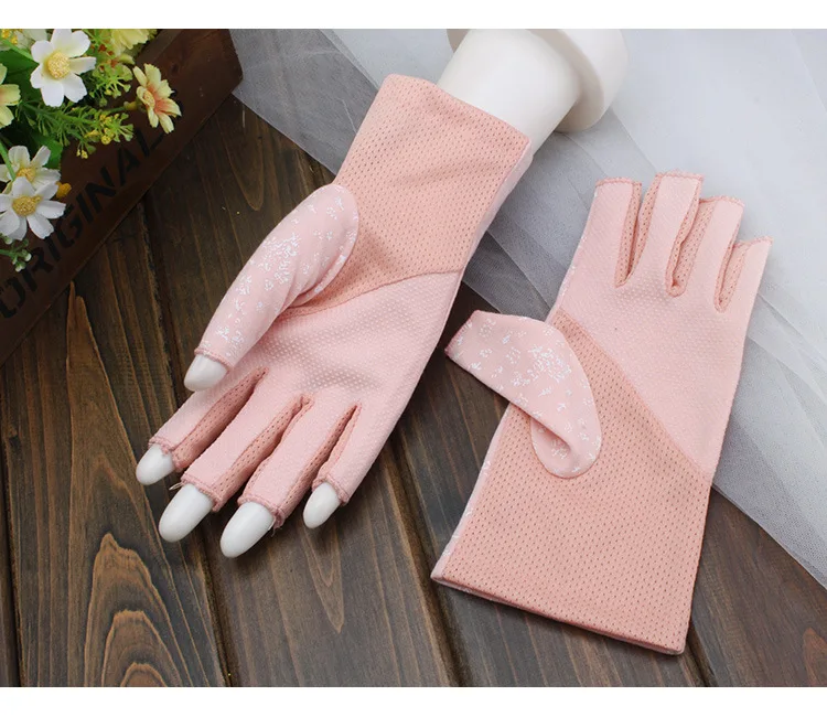 New Fashion Women's Cotton Dot Summer Fingerless Half Finger Anti-Skid Sun Protection Printing anti-UV Thin Short Driving Gloves