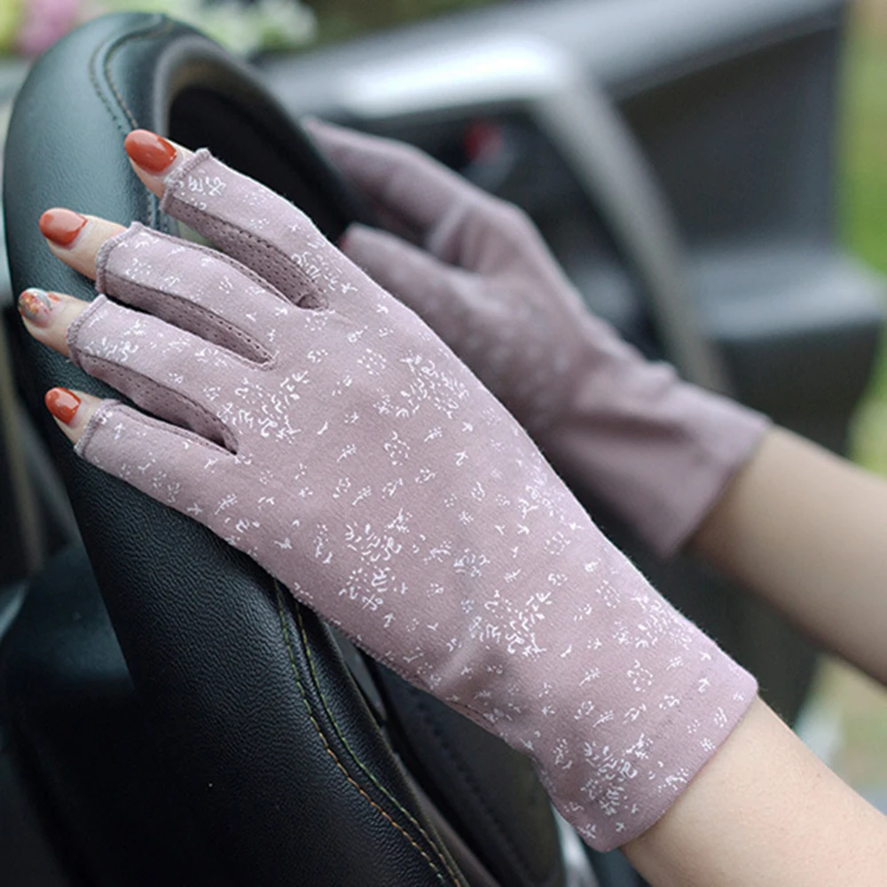 New Fashion Women's Cotton Dot Summer Fingerless Half Finger Anti-Skid Sun Protection Printing anti-UV Thin Short Driving Gloves