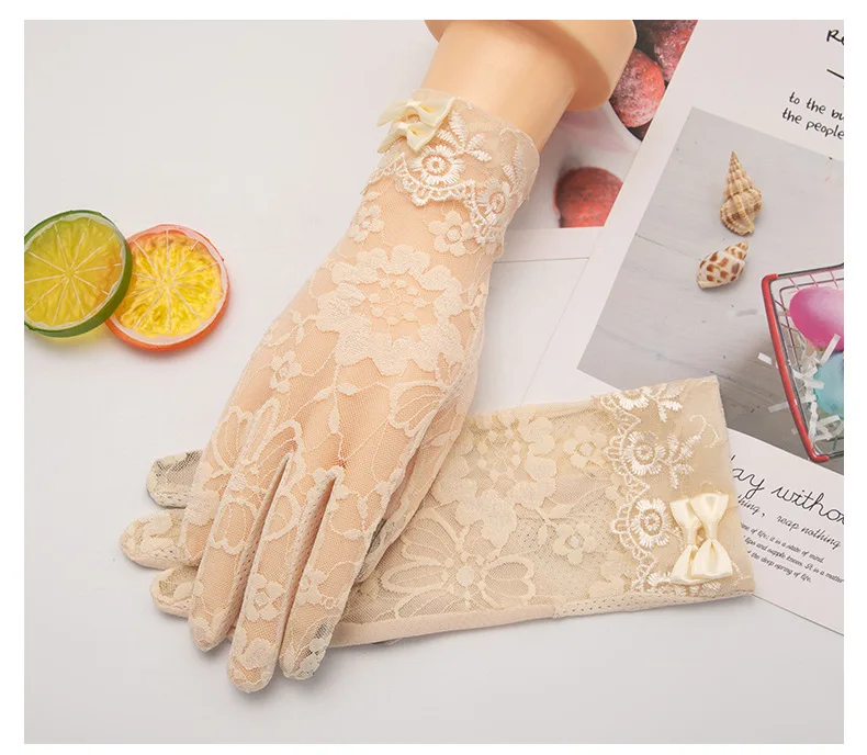 Lady Anti-Slip Breathable Sunscreen Gloves Women Summer Ice Silk Lace Anti-UV Elegant Thin Electric Car Driving Mittens