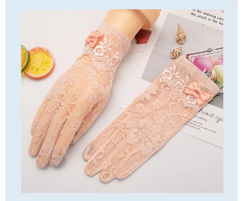 Lady Anti-Slip Breathable Sunscreen Gloves Women Summer Ice Silk Lace Anti-UV Elegant Thin Electric Car Driving Mittens
