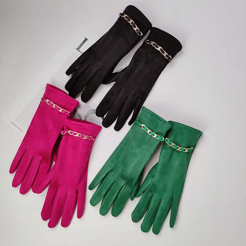 Female Suede Leather Chain Rhinestones Velvet Thick Touch Screen Driving Gloves Winter Outdoor Riding Full Finger Warm Mittens