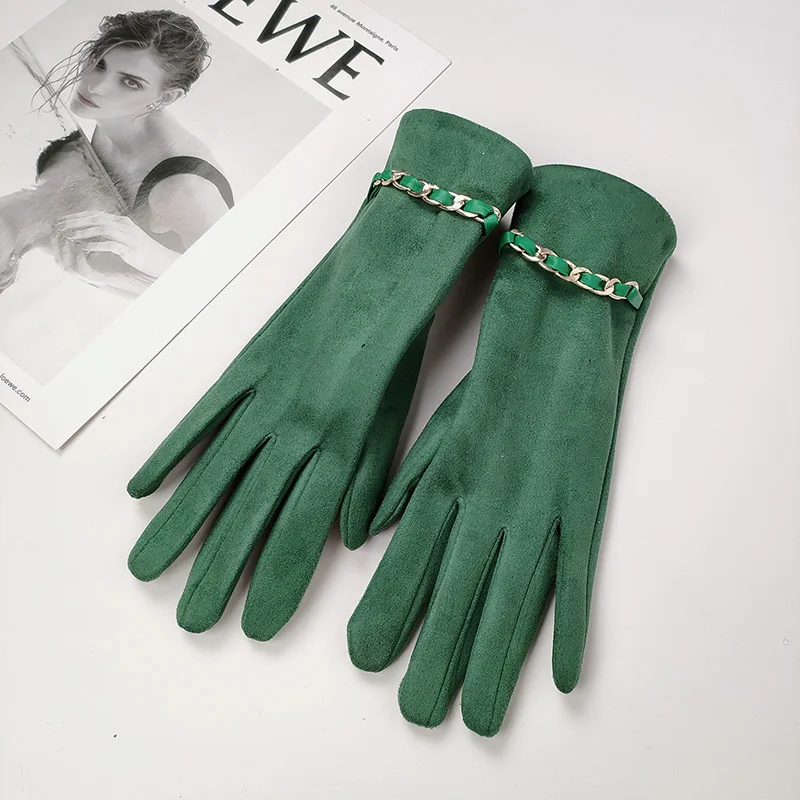 Female Suede Leather Chain Rhinestones Velvet Thick Touch Screen Driving Gloves Winter Outdoor Riding Full Finger Warm Mittens