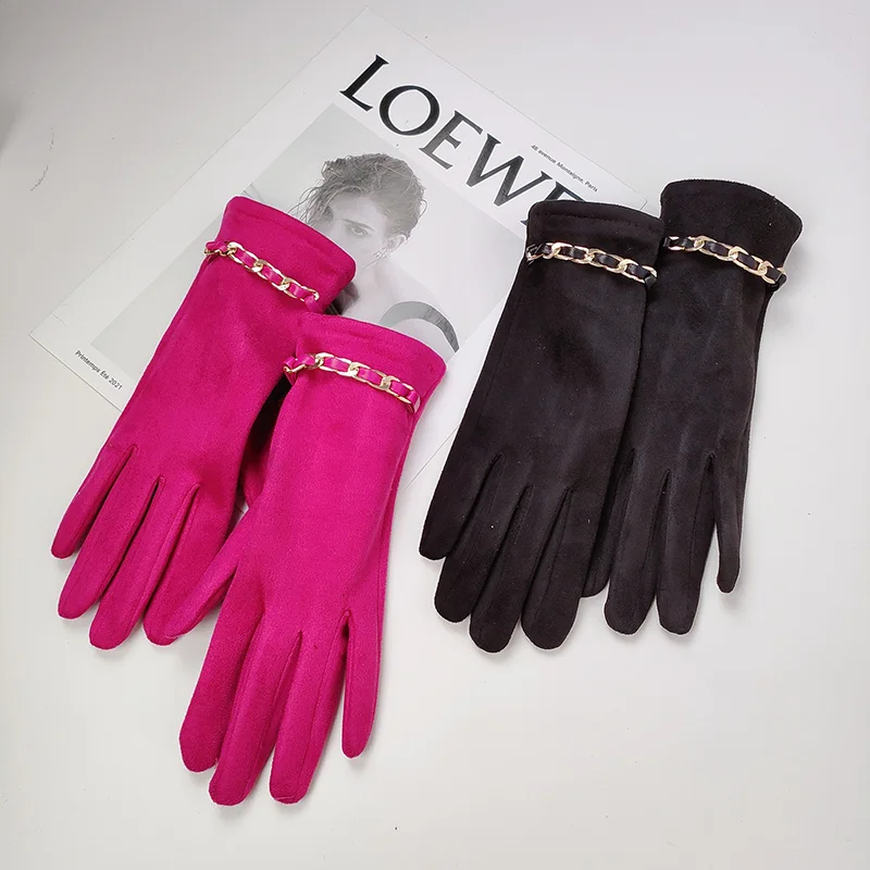 Female Suede Leather Chain Rhinestones Velvet Thick Touch Screen Driving Gloves Winter Outdoor Riding Full Finger Warm Mittens