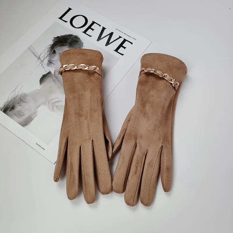 Female Suede Leather Chain Rhinestones Velvet Thick Touch Screen Driving Gloves Winter Outdoor Riding Full Finger Warm Mittens