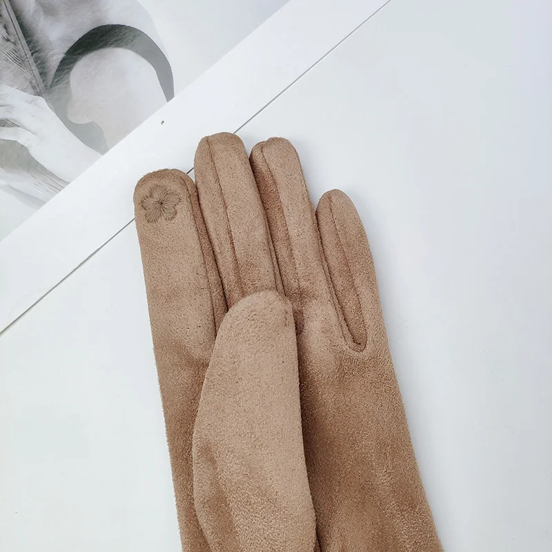 Female Suede Leather Chain Rhinestones Velvet Thick Touch Screen Driving Gloves Winter Outdoor Riding Full Finger Warm Mittens