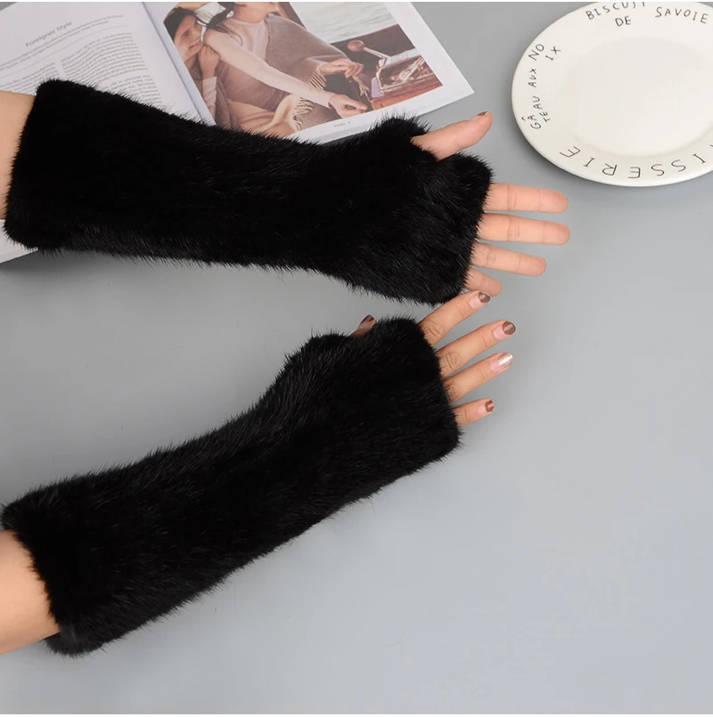New Women 100% Real Genuine Knitted Mink Fur Mittens Winter Warm Lady Real Fur Fingerless Gloves Handmade Knit Mink Fur Mitten