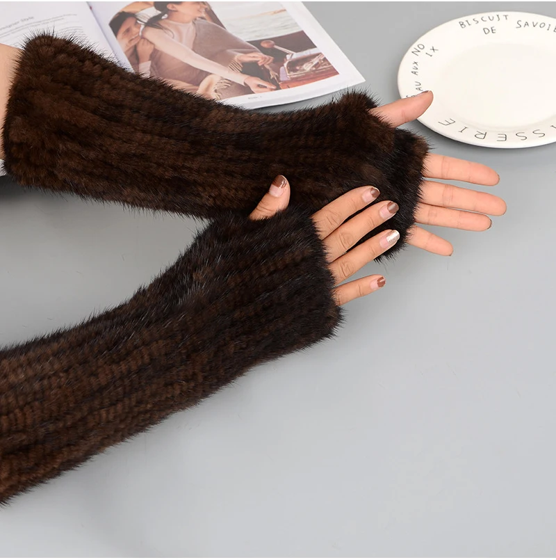 New Women 100% Real Genuine Knitted Mink Fur Mittens Winter Warm Lady Real Fur Fingerless Gloves Handmade Knit Mink Fur Mitten