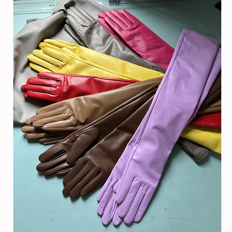 Women's Genuine Leather Gloves Black Long Sheepskin Glove Over Elbow 4050cm Ladies Mittens Winter Velvet Warm Fashion Arm Sleeve