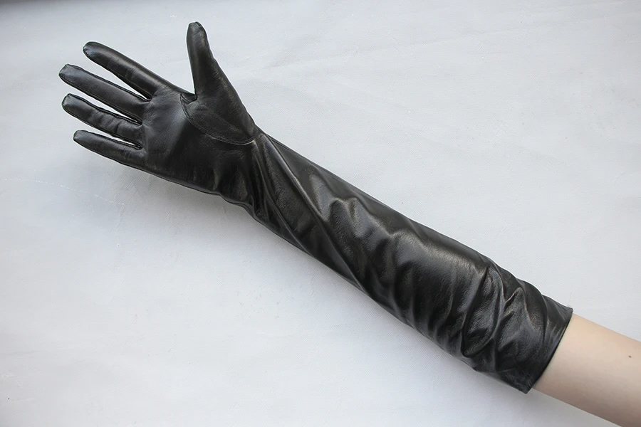 Women's Genuine Leather Gloves Black Long Sheepskin Glove Over Elbow 4050cm Ladies Mittens Winter Velvet Warm Fashion Arm Sleeve