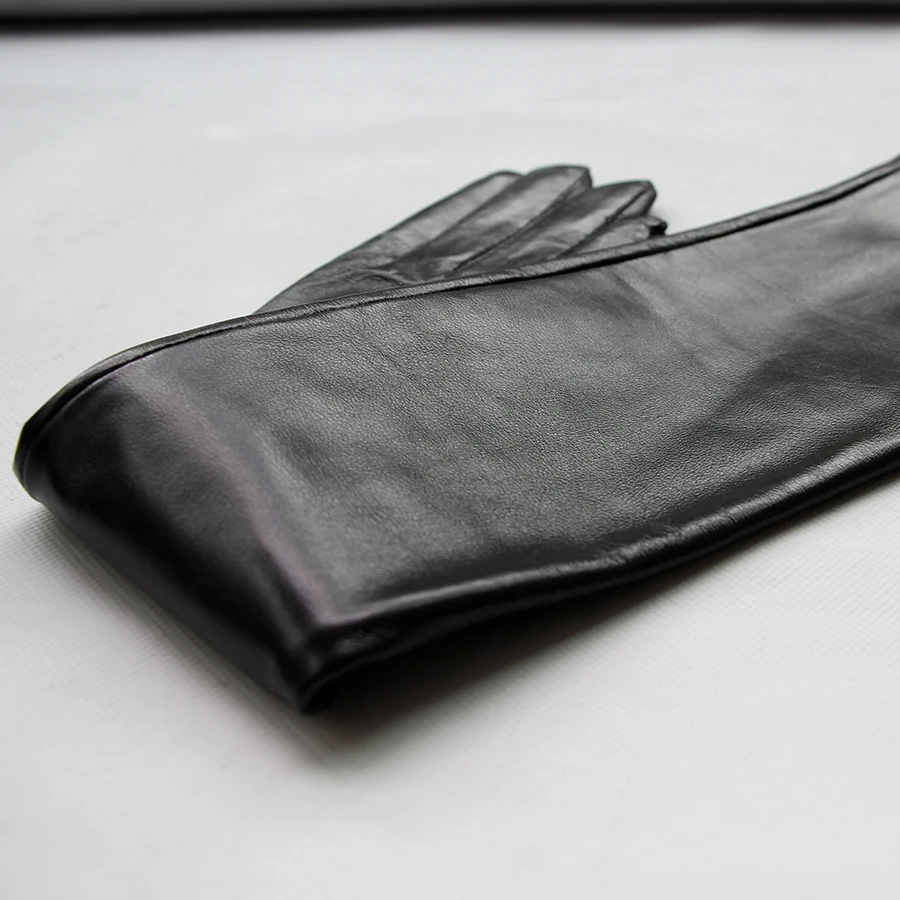Women's Genuine Leather Gloves Black Long Sheepskin Glove Over Elbow 4050cm Ladies Mittens Winter Velvet Warm Fashion Arm Sleeve