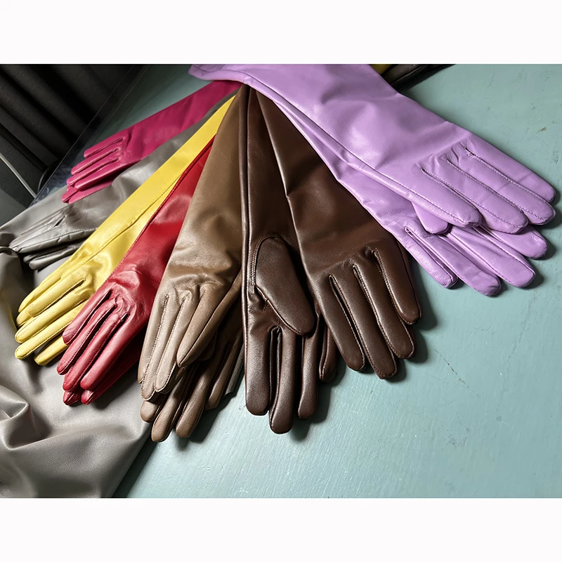 Women's Genuine Leather Gloves Black Long Sheepskin Glove Over Elbow 4050cm Ladies Mittens Winter Velvet Warm Fashion Arm Sleeve