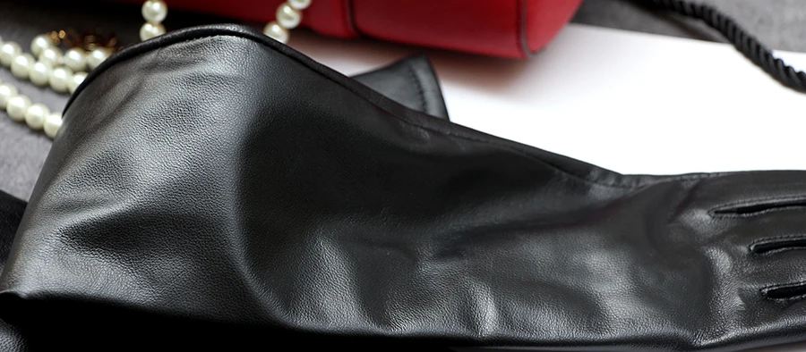 Women's Genuine Leather Gloves Black Long Sheepskin Glove Over Elbow 4050cm Ladies Mittens Winter Velvet Warm Fashion Arm Sleeve