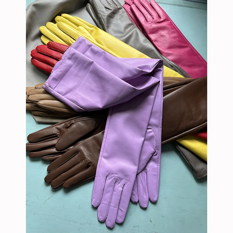 Women's Genuine Leather Gloves Black Long Sheepskin Glove Over Elbow 4050cm Ladies Mittens Winter Velvet Warm Fashion Arm Sleeve