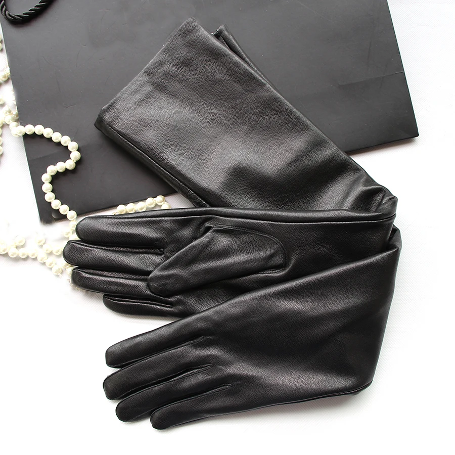 Women's Genuine Leather Gloves Black Long Sheepskin Glove Over Elbow 4050cm Ladies Mittens Winter Velvet Warm Fashion Arm Sleeve