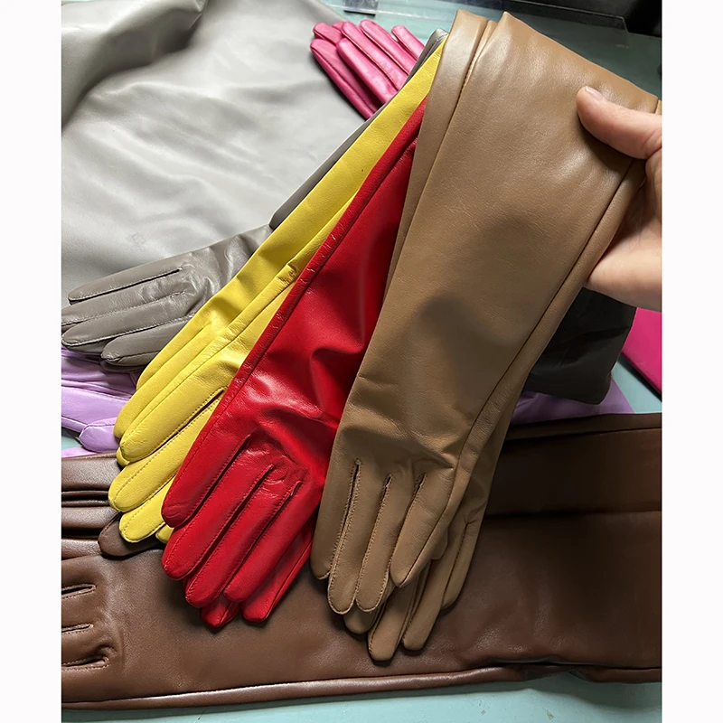 Women's Genuine Leather Gloves Black Long Sheepskin Glove Over Elbow 4050cm Ladies Mittens Winter Velvet Warm Fashion Arm Sleeve