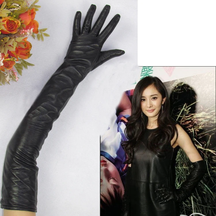 Women's Genuine Leather Gloves Black Long Sheepskin Glove Over Elbow 4050cm Ladies Mittens Winter Velvet Warm Fashion Arm Sleeve