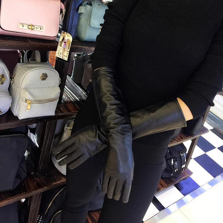 Women's Genuine Leather Gloves Black Long Sheepskin Glove Over Elbow 4050cm Ladies Mittens Winter Velvet Warm Fashion Arm Sleeve
