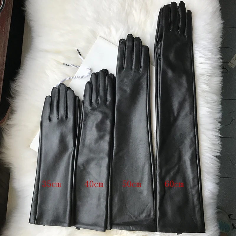 Women's Genuine Leather Gloves Black Long Sheepskin Glove Over Elbow 4050cm Ladies Mittens Winter Velvet Warm Fashion Arm Sleeve
