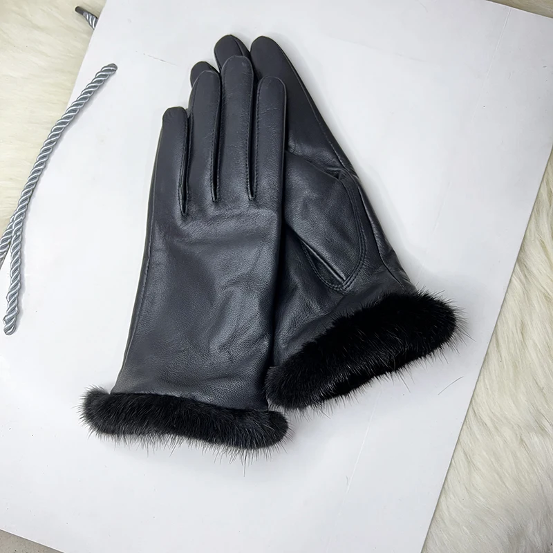 Male And Female Mink Fur Gloves Sheepskin Velvet Lining Black Women's Leather Gloves Men's High-grade Mink Fur Motorcycle Gloves