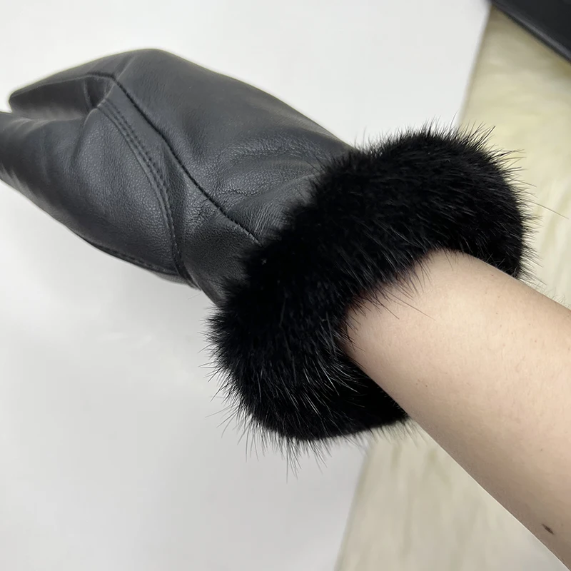 Male And Female Mink Fur Gloves Sheepskin Velvet Lining Black Women's Leather Gloves Men's High-grade Mink Fur Motorcycle Gloves
