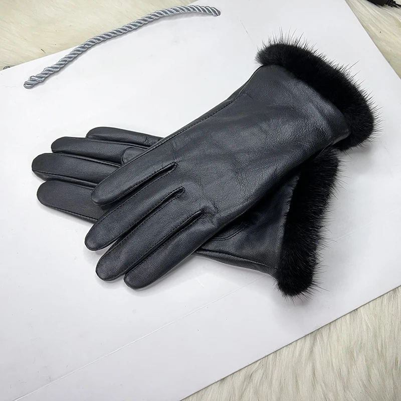 Male And Female Mink Fur Gloves Sheepskin Velvet Lining Black Women's Leather Gloves Men's High-grade Mink Fur Motorcycle Gloves