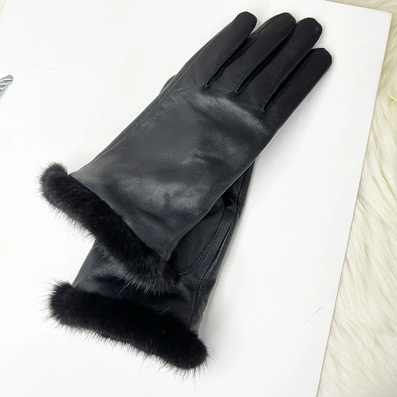 Male And Female Mink Fur Gloves Sheepskin Velvet Lining Black Women's Leather Gloves Men's High-grade Mink Fur Motorcycle Gloves