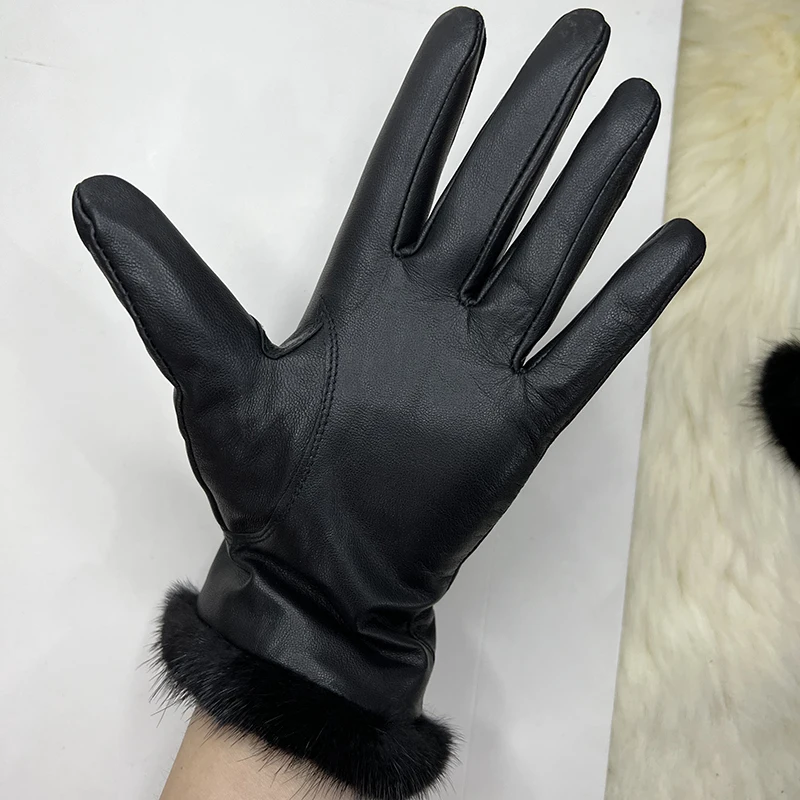 Male And Female Mink Fur Gloves Sheepskin Velvet Lining Black Women's Leather Gloves Men's High-grade Mink Fur Motorcycle Gloves