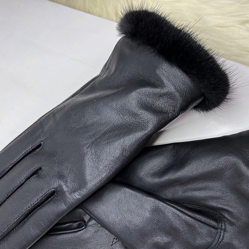 Male And Female Mink Fur Gloves Sheepskin Velvet Lining Black Women's Leather Gloves Men's High-grade Mink Fur Motorcycle Gloves