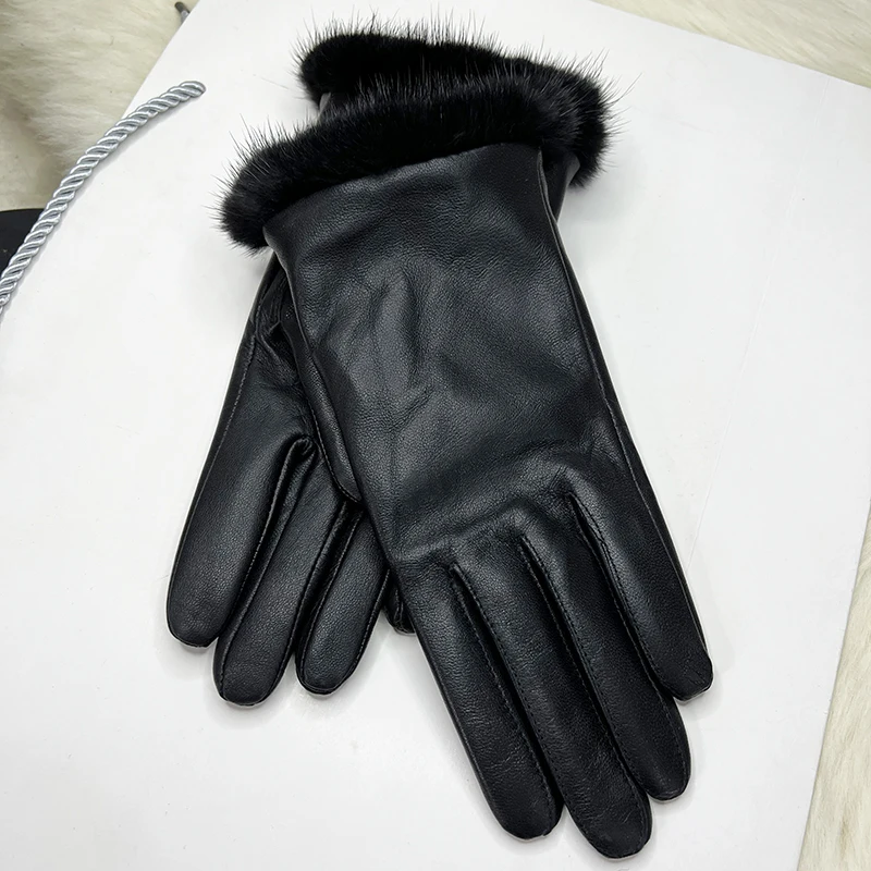 Male And Female Mink Fur Gloves Sheepskin Velvet Lining Black Women's Leather Gloves Men's High-grade Mink Fur Motorcycle Gloves