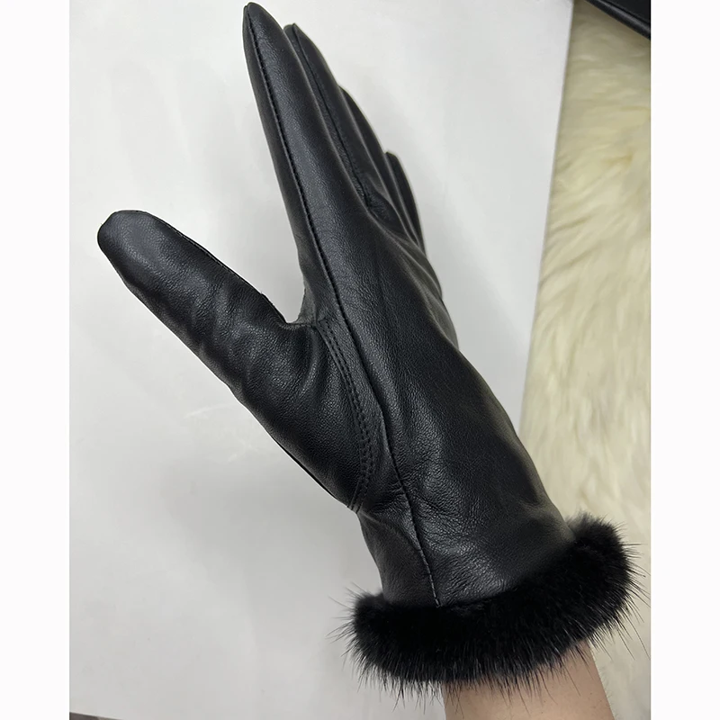 Male And Female Mink Fur Gloves Sheepskin Velvet Lining Black Women's Leather Gloves Men's High-grade Mink Fur Motorcycle Gloves