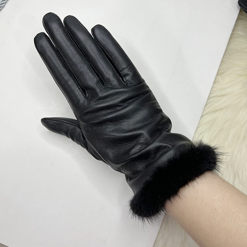 Male And Female Mink Fur Gloves Sheepskin Velvet Lining Black Women's Leather Gloves Men's High-grade Mink Fur Motorcycle Gloves