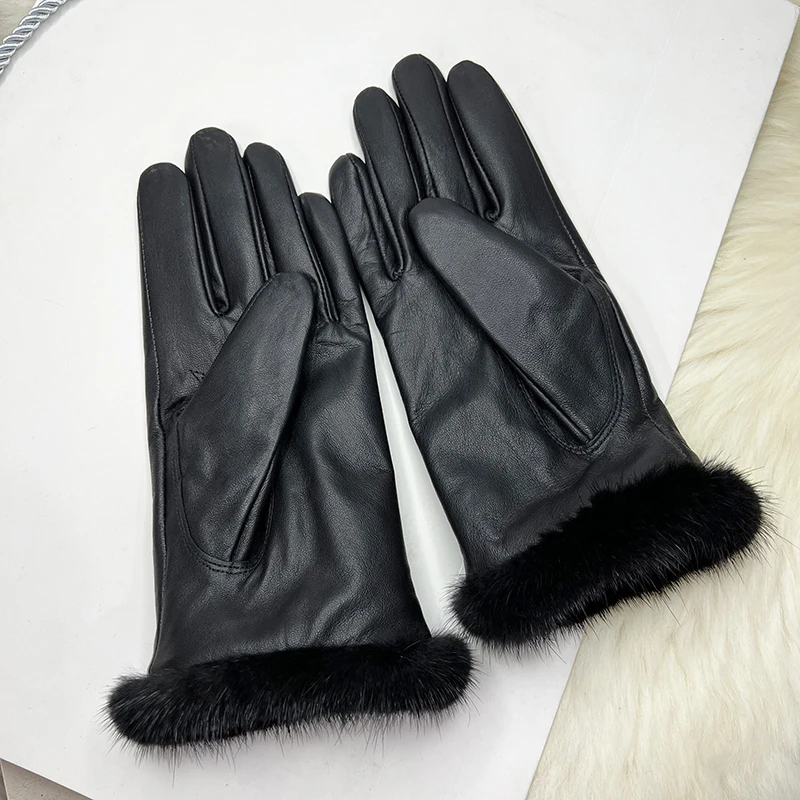 Male And Female Mink Fur Gloves Sheepskin Velvet Lining Black Women's Leather Gloves Men's High-grade Mink Fur Motorcycle Gloves